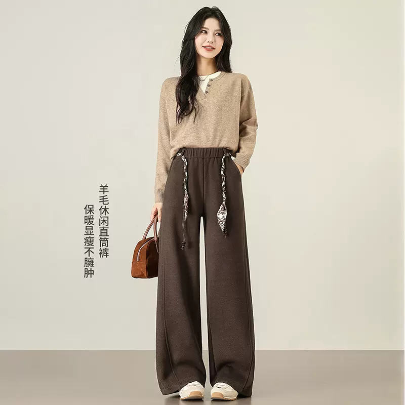 厂家直销秋冬新款加绒加厚阔腿裤丝巾抽绳羊毛直筒裤休闲百搭长裤