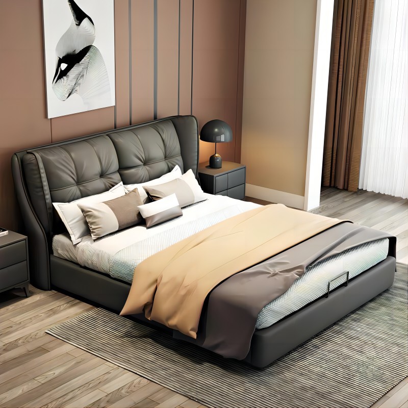 Italiano minimalista cama de cuero real apartamento grande y pequeño hogar Internet celebridad dormitorio principal 1,8 m cama doble simple luz de lujo de la boda image 3