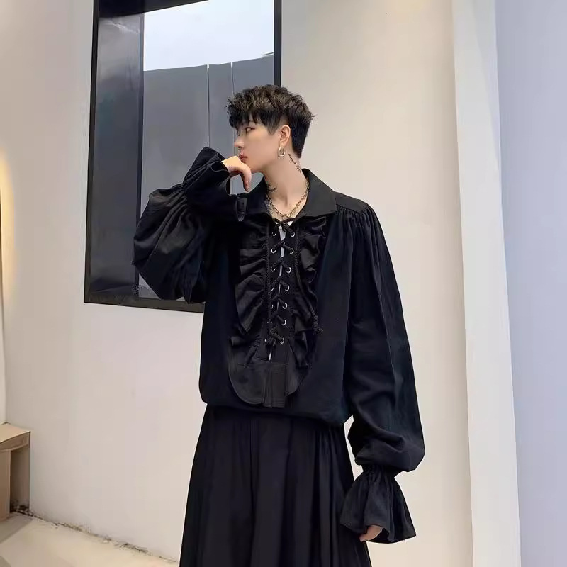 Retro Cuff Collar Ruffled Drawstring Long Sleeve Shirt Men's and Women's European and American Internet Celebrity Personalized Court Shirt Trend