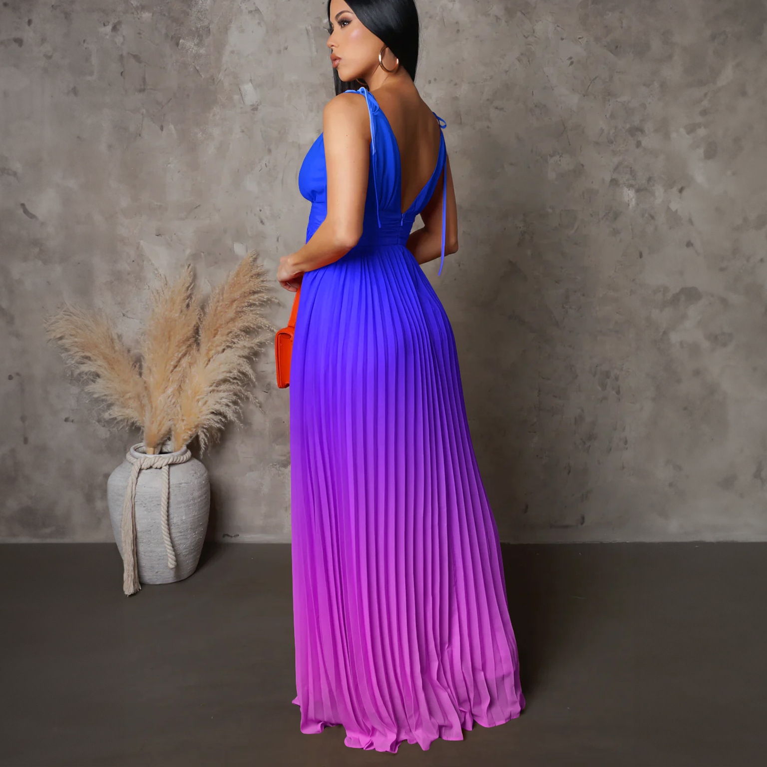 D403 Cross-Border Summer Strapless Backless Sexy Tie Gradient Color Long Dress Foreign Trade Gown_voghion.com