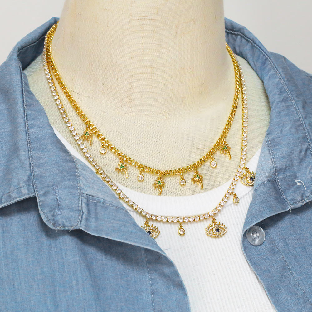 Fashion Devilu0027S Eye Coconut Tree Copper Pendant Necklace Inlay Zircon Copper Necklaces