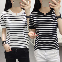 95% Cotton 2022 New Fat Girl Loose Plus Size Short Sleeve Striped T-shirt Women Summer Plus Size Women Cross-border Southeast Asia