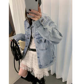 南油品质美式小众复古重工水洗做旧牛仔外套女设计感宽松夹克情侣