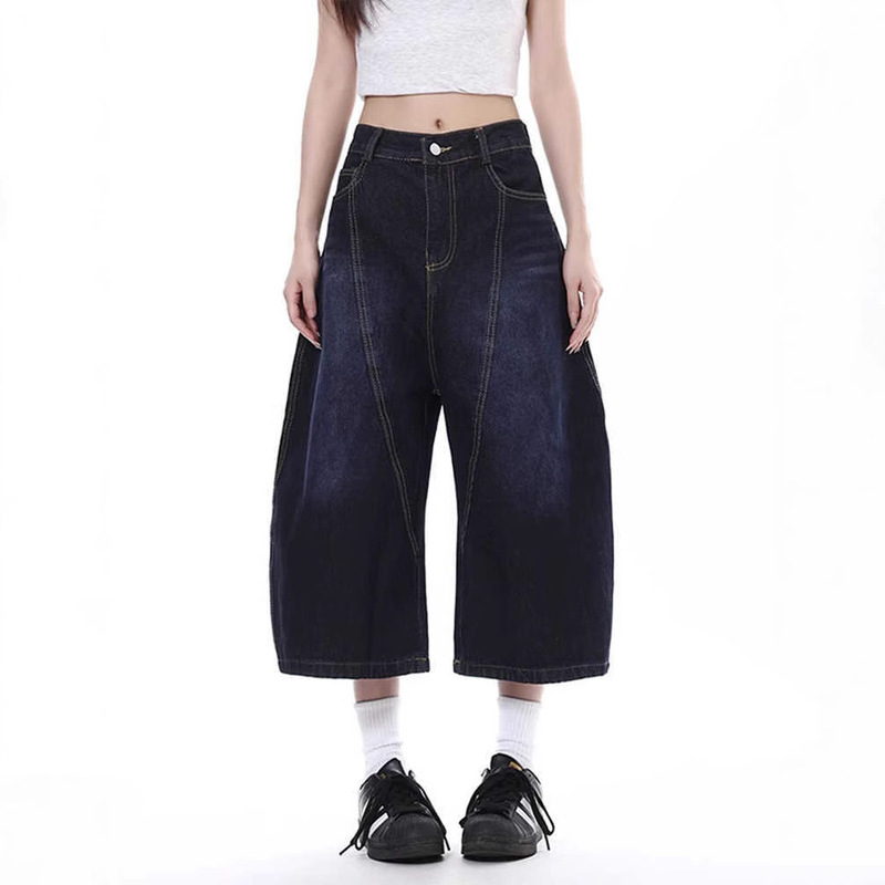 American Retro Dark Blue Scimitar Embroidered Denim Cropped Pants for Women Summer Eight-Point Mid-Pants Sycamore Wide-Leg Shorts