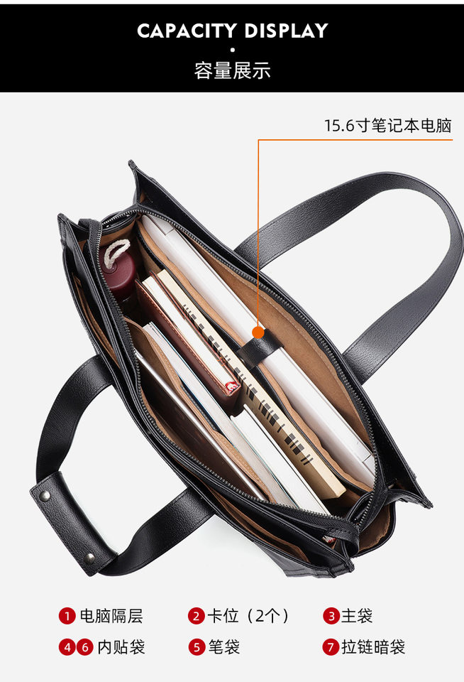 Túi xách nam dung tích lớn 40×13×29 cm đựng laptop 15,6 inch, túi đeo chéo vai da bò — Lớp lót nỉ cao cấp màu đen chi tiết 8