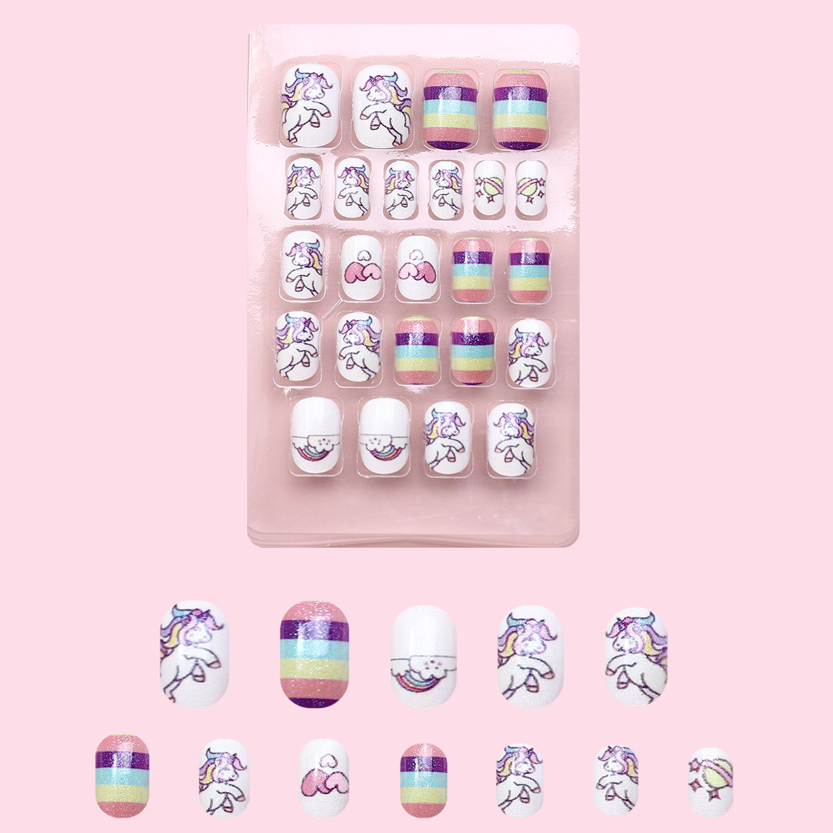 Juego de 24 piezas de uñas postizas para niños con diseño de dibujos animados, desmontables con adhesivo y exquisito diseño.