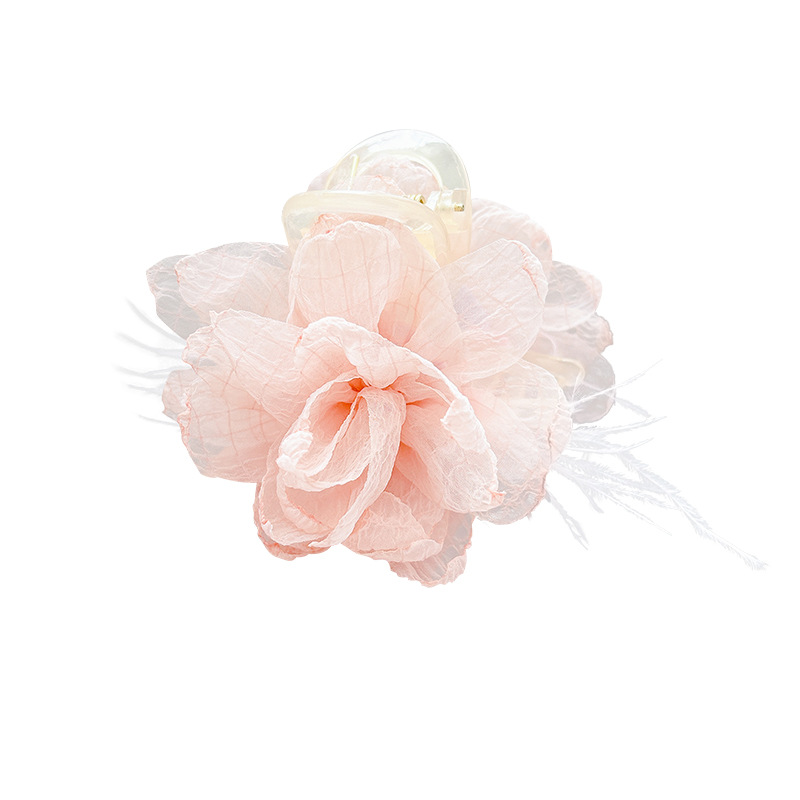 Dulce ambiente, clip de agarre de plumas, clip de tiburón de flor de malla, agarre de pelo de temperamento, nuevo tocado de flor de cabeza trenzada lateral chino