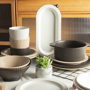 Ins Nordic Style Housewarming Dishes and Dish suit Vertical Pattern Household Dishes and Dish 2024 New Style Tableware Light Luxury Plate Soup Bowl Ceramic