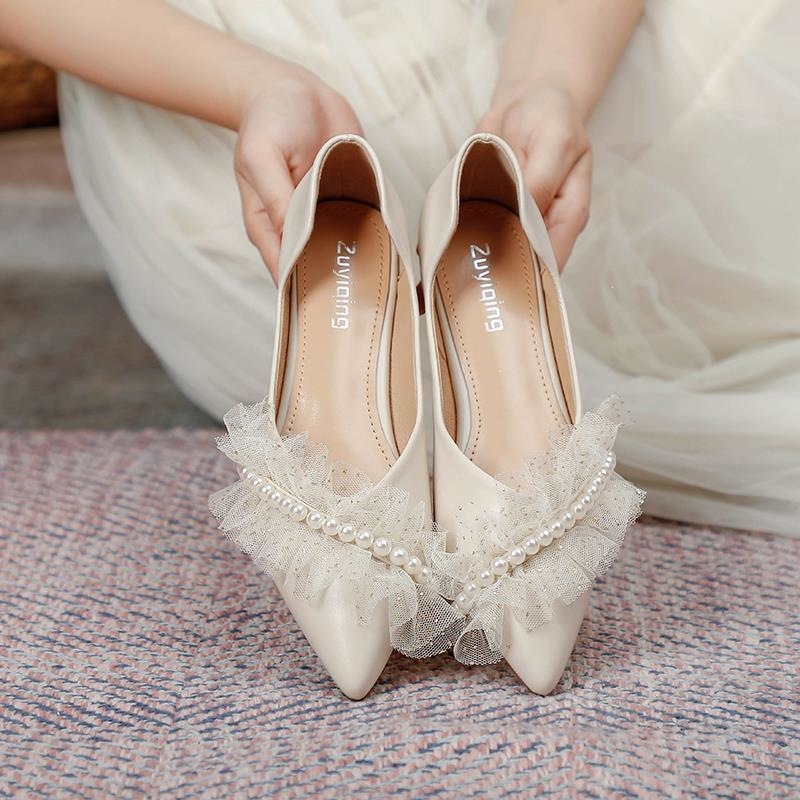 Pointed Toe Flat Pearl Bridal Shoes in Soft Leather