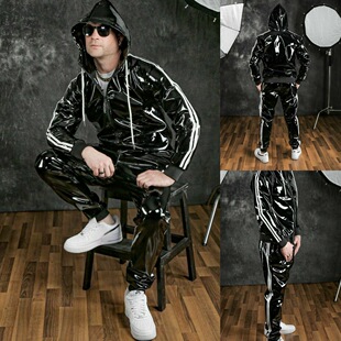2021 Amazon Wish New Hooded Fashionable Pu Bright Leather Sports Suit Tz2399