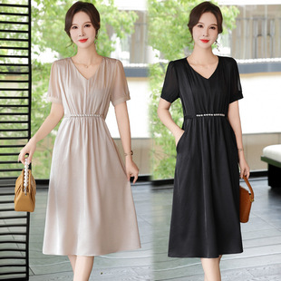 2025 New Dress Short-Sleeved Dress Fashionable New Waist-Cinching Large Size Belly-Covering Slimming Mid-Length Skirt V Neck