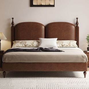 French Retro New Style Leather Bed Middle Style Top Layer Cowhide Soft Master Bedroom Double Queen Bed High-end Atmospheric Leather Art