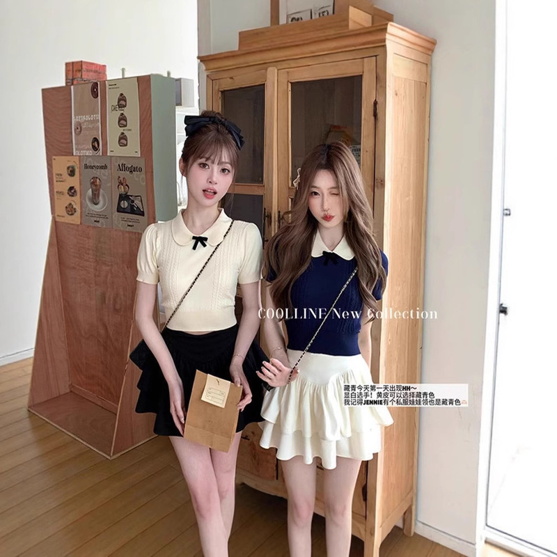 Bow Doll Collar Short-Sleeved Knitwear for Women 2025 Summer New Retro Slim Slim Short Versatile Top