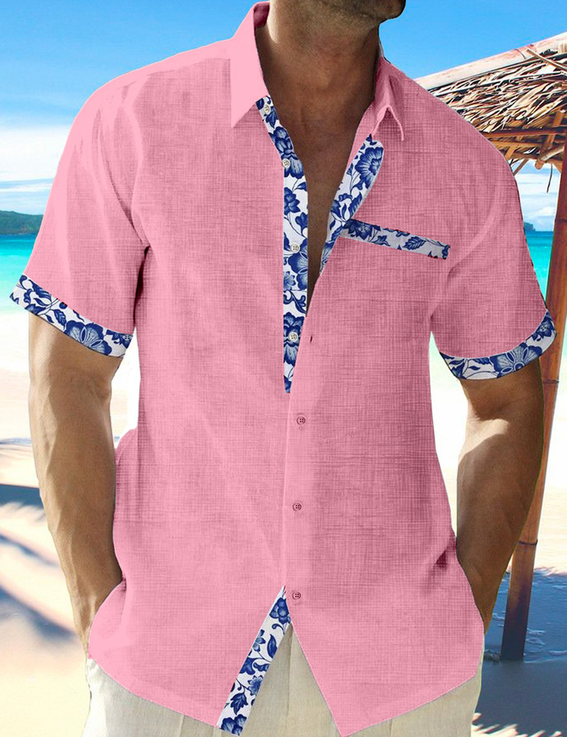 Cardigan décontracté à manches courtes pour hommes, chemise de plage hawaïenne à col Polo contrasté sur le devant, 2024, 2119_voghion.com