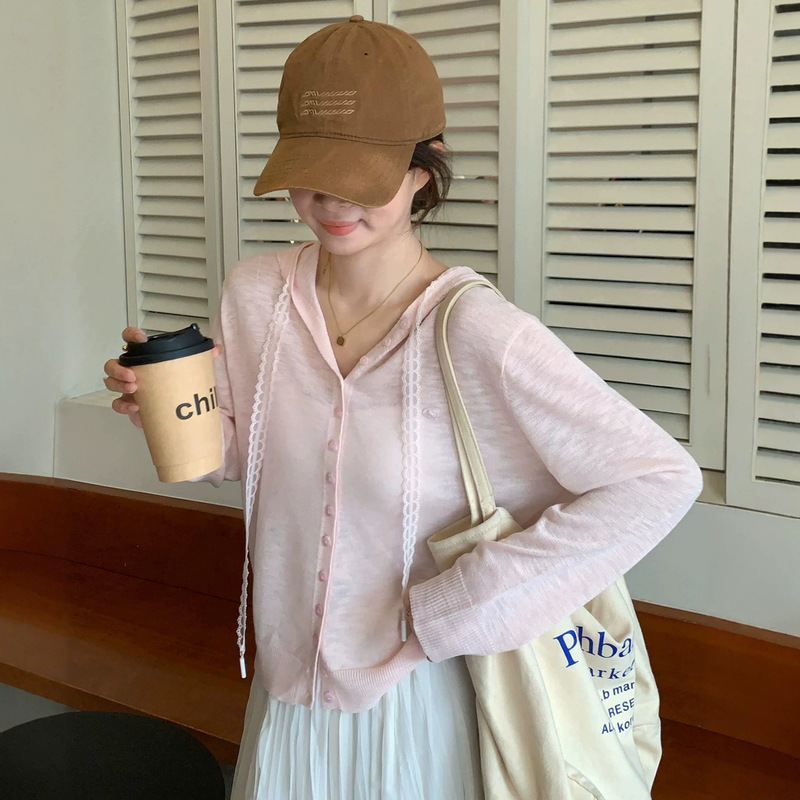 Korean-Style Pink Hooded Sun-Protective Knit Cardigan for Women, Summer Casual and Relaxed Outerwear, Thin Top Korean-Style Pink Hooded Sun-Protective Knit Cardigan for Women, Summer Casual and Relaxed Outerwear, Thin Top