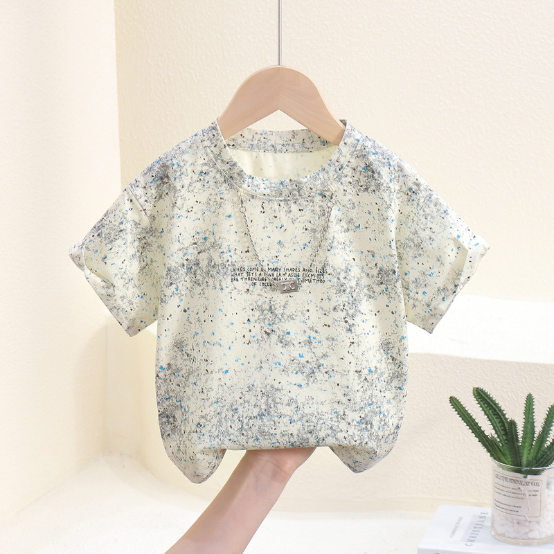 7836 Camiseta de manga corta de verano para niños, niño delgado, collar de estilo extranjero, camisa de bebé de media manga, vestido de verano para niños