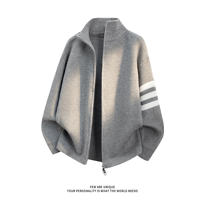 Double-zipper knitted cardigan sweater jacket for men, 2026 spring/autumn, loose fit, couple style, casual stand-up collar jacket for men