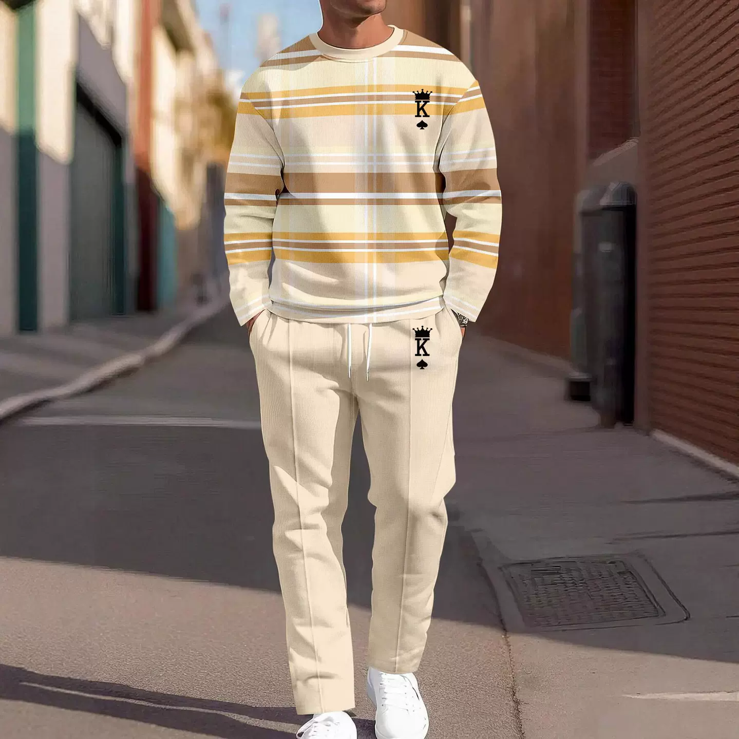 跨境亚马逊华夫格连帽卫衣卫裤休闲套装3D数码印花户外健身套装男