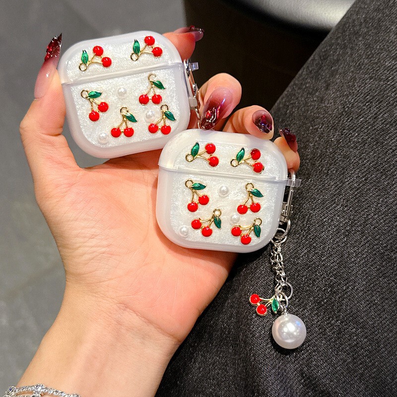 High-end cherry blue and white butterfly case suitable for AirPods 4 second generation protective cover, Apple earphone case pro2/3 with chain High-end cherry blue and white butterfly case suitable for AirPods 4 second generation protective cover, Apple earphone case pro2/3 with chain