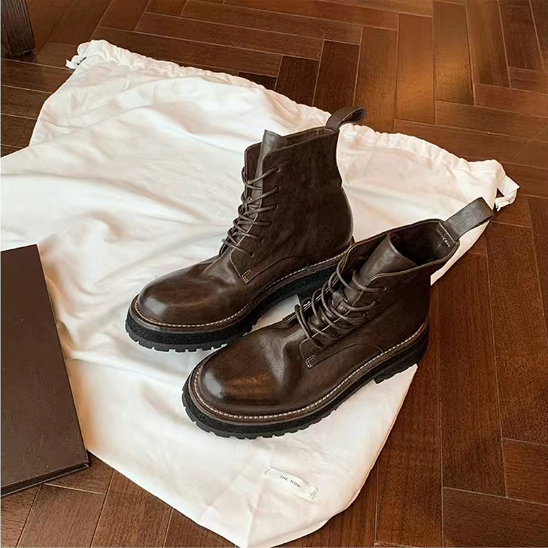 Uva mamá mismo estilo otoño e invierno nuevas botas cortas lavadas encogen cuero de caballo punta redonda estilo británico con cordones de fondo grueso Martin botas para mujeres