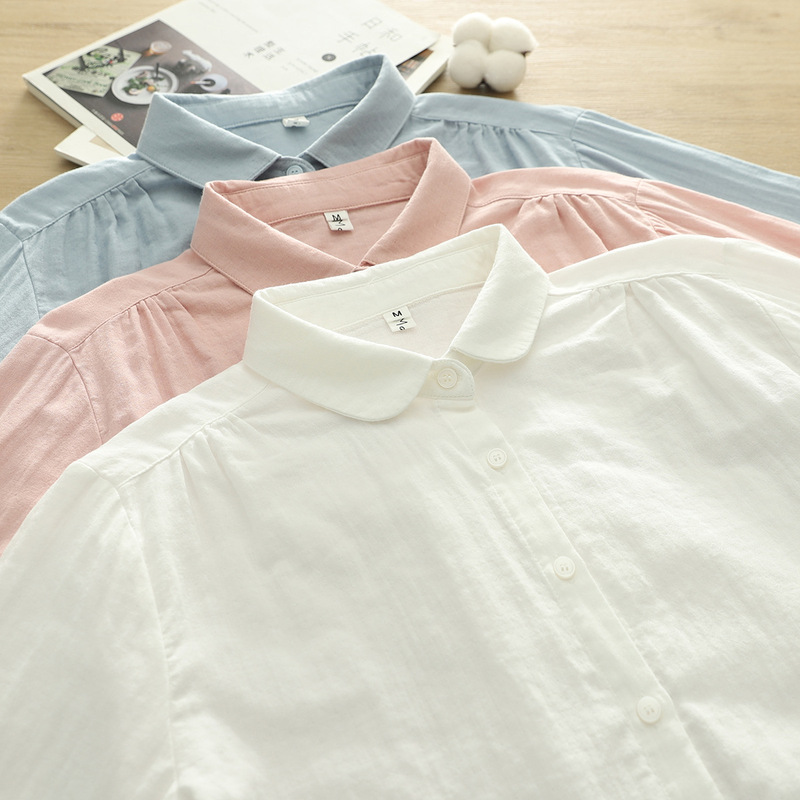 2047 Small Round Neck Solid Color All-match Double-layer Cotton Yarn Shirt Women's 2025 Spring New Artistic Casual Shirt Top