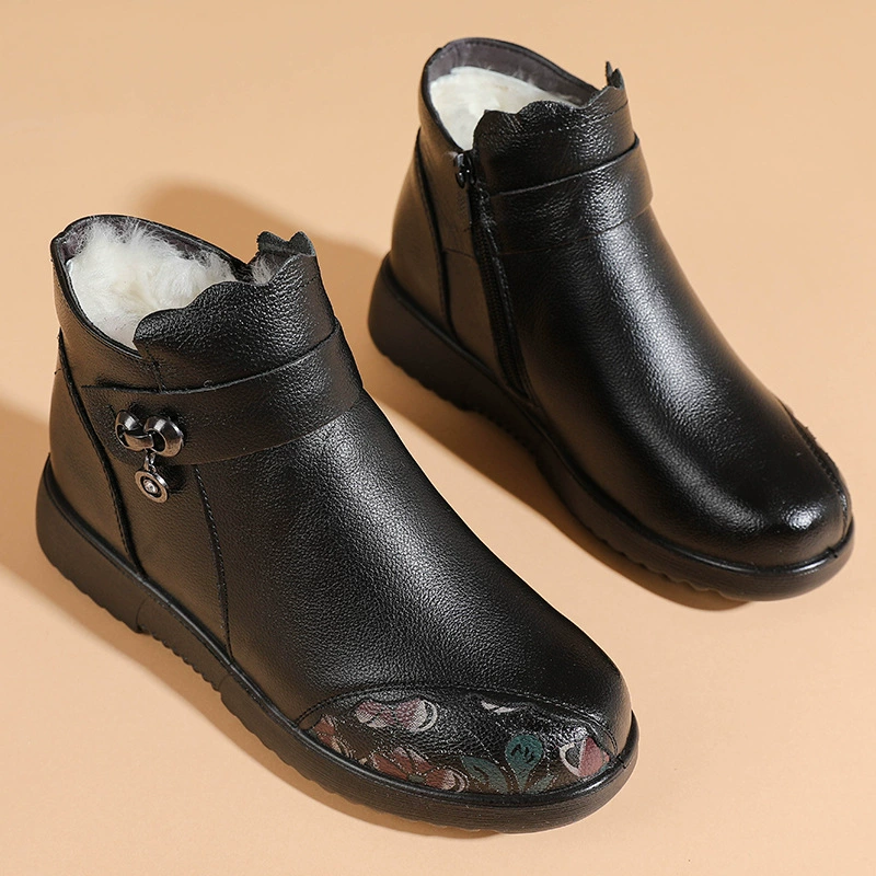 Women’s winter leather ankle boots, first‑layer cowhide + microfiber, wool‑lined, non‑slip