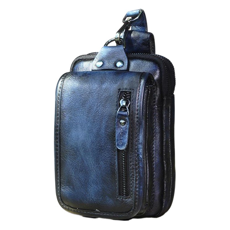Top layer Crazy Horse leather cowhide foreign trade Men's cool mobile phone camera outdoor 6-inch small waist bag with hook 1609-2