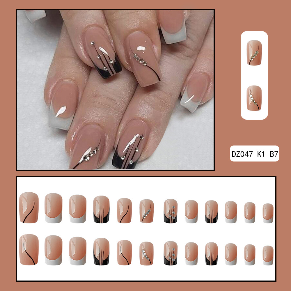 Europa, América, blanco y negro, estilo francés, diamante de manicure, moda exquisita, uso de uñas largas, 24 piezas de parche de uñas terminadas