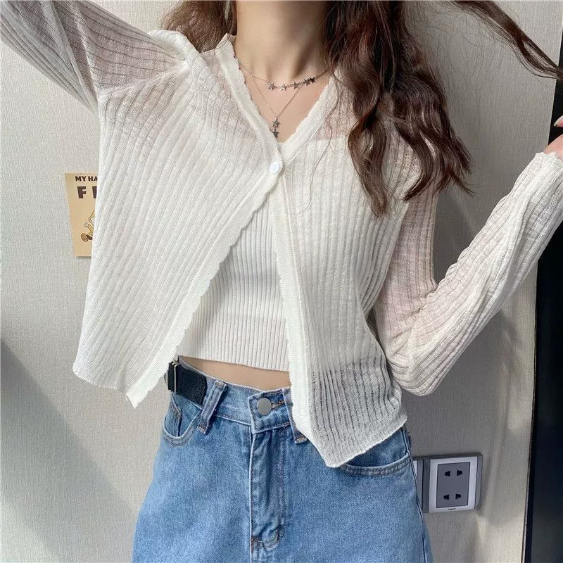 Летний солнцезащитный кардиган, тонкая куртка для женщин, новинка 2024 года, свободный короткий вязаный топ с длинными рукавами в корейском стиле, модный