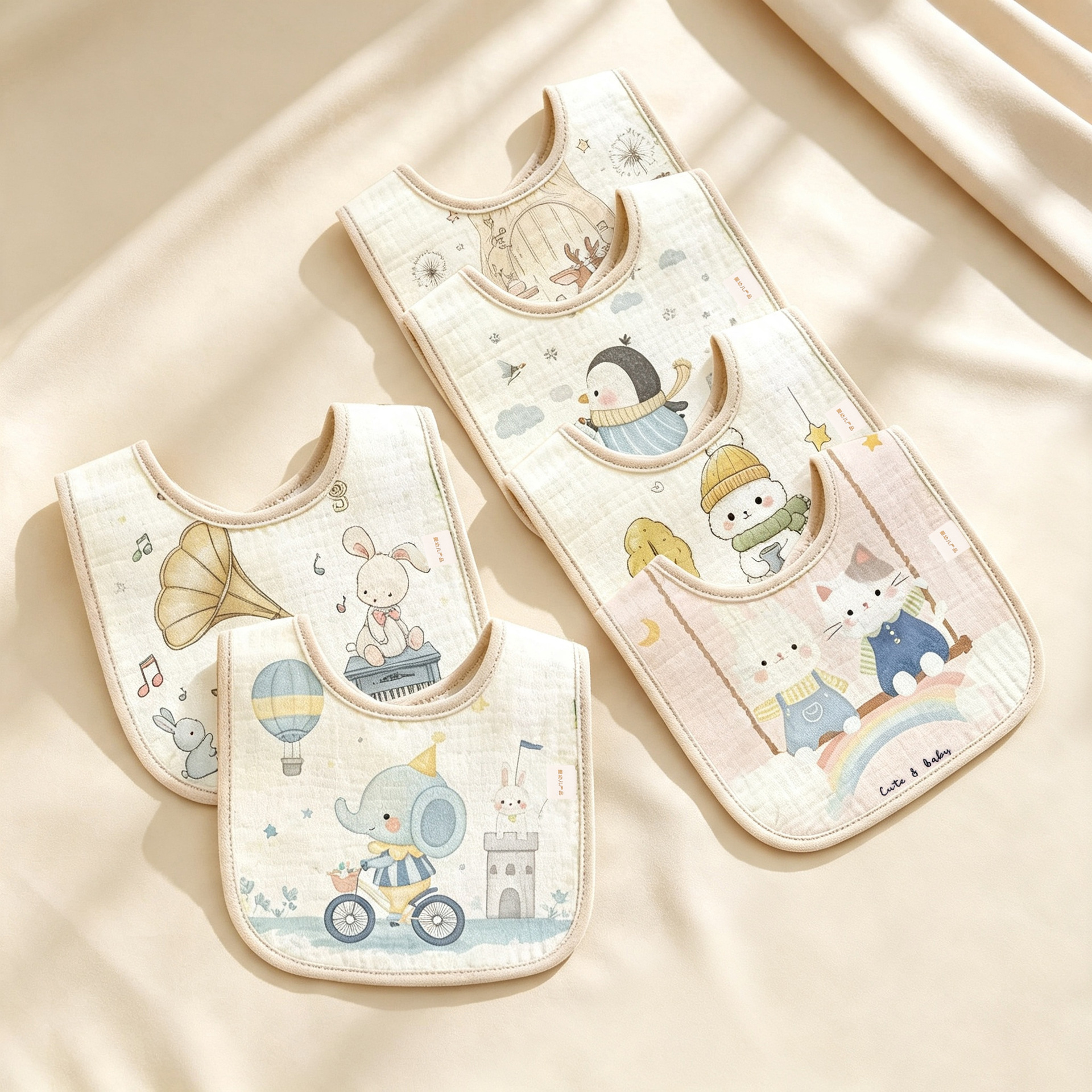 Baby Gauze Drool Bibs, Crepe Cloth Bibs, Newborn Waterproof Unique Print Cartoon Anti-Spit-Up Bibs, Feeding Bibs