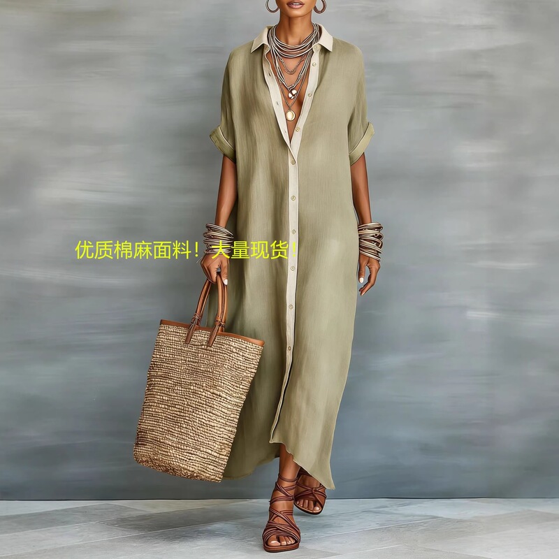 2026 New Amazon European and American Women's Clothing Color-Blocking Loose Cotton-Linen Long Shirt Dress Fashion Casual Dress for Women