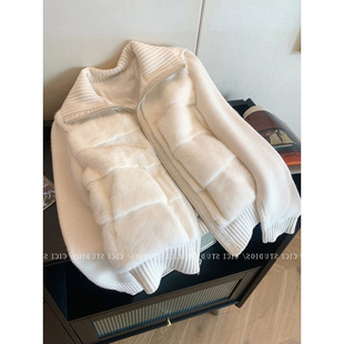 Chanel Style White Knitted Stitching Imitation Mink Hair Cotton-padded Jacket Women's Winter 2025 New Warm Quilted Bread Suit