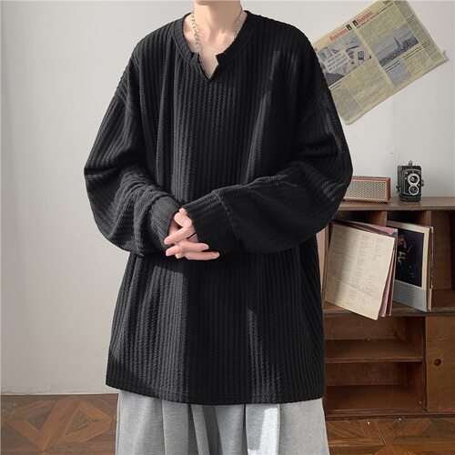 Texture V-neck long-sleeve T-shirt for men, spring and autumn, trendy brand, loose and heavy-duty top, cool and stylish, high-end feel, inner layer and base shirt