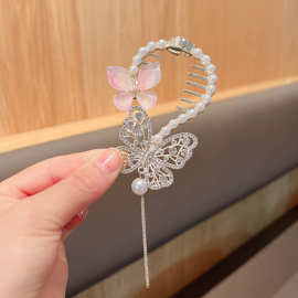 丸子头盘发神器古风流苏马尾夹水钻蝴蝶发夹女后脑勺头饰发扣批发