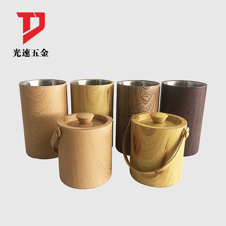 Acero inoxidable nuevo grano de madera de doble capa aislado cubo de hielo barra redonda recta cerveza cubo de metal Champagne Cubo de vino