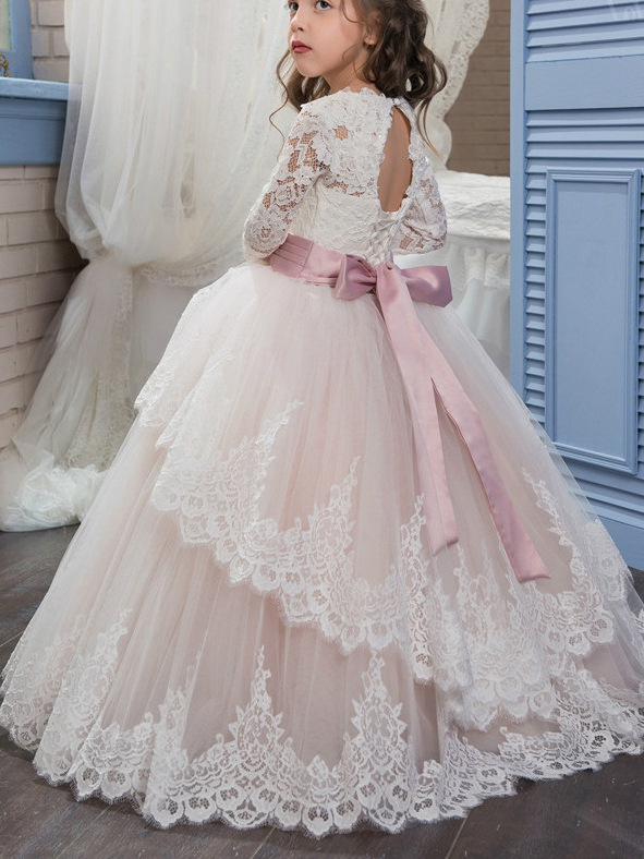 Comercio exterior transfronterizo nuevo encaje doble manga larga invierno bola flor chica pettiskirt vestido de novia entrega de una sola pieza