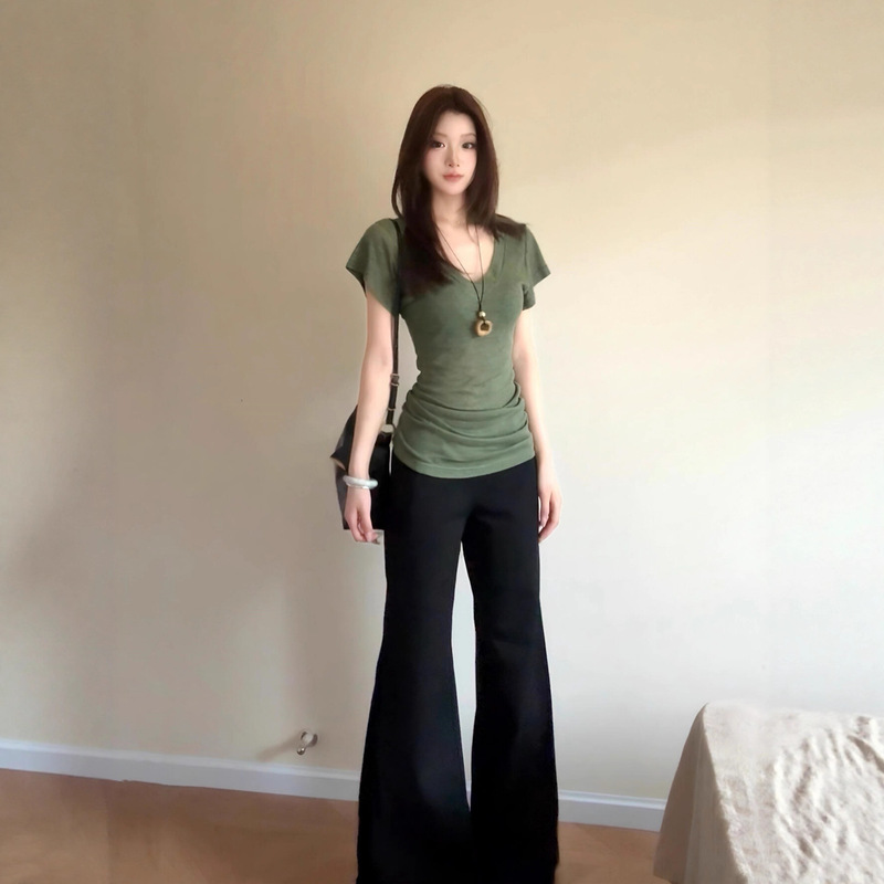 Moss Green Bat Sleeve Low V-Neck Thin Short-Sleeved T-Shirt for Women Summer Korean Style Slim Design Niche Top