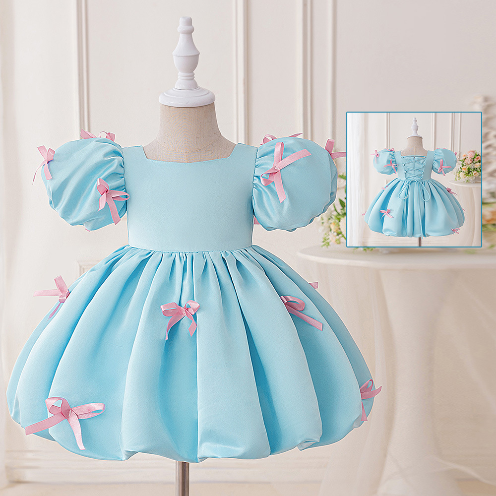 Nuevo vestido de niñas aniversario vestido de cumpleaños correa vestido de cuello cuadrado clavos arco cierre