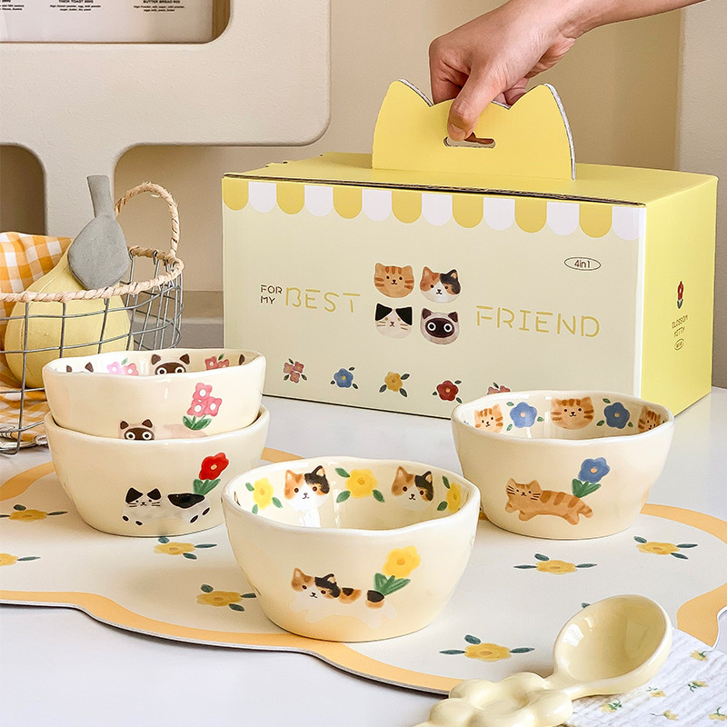 Cute Cat Rice Bowls, High-Quality Four-Bowl Gift Box Set, High-Temperature Resistant Ceramic, Direct from the Source Factory Wholesale Cute Cat Rice Bowls, High-Quality Four-Bowl Gift Box Set, High-Temperature Resistant Ceramic, Direct from the Source Factory Wholesale