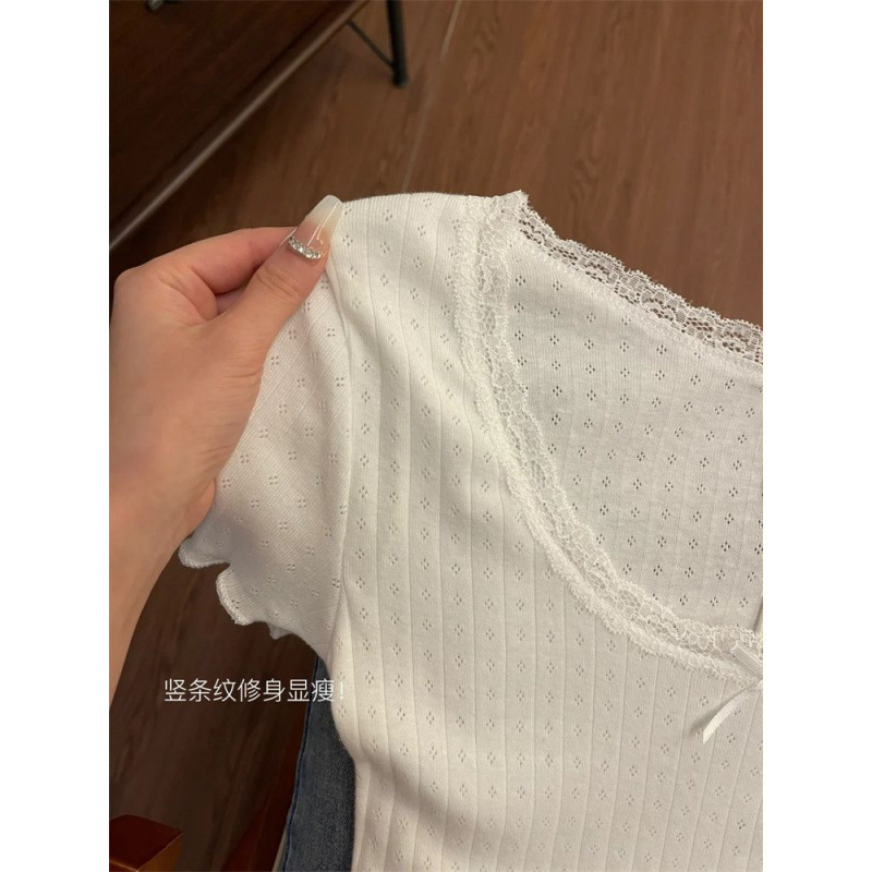 甘いガーリーレースTシャツレディース2025夏ピュアバレエスタイルトップス耳白半袖|undefined