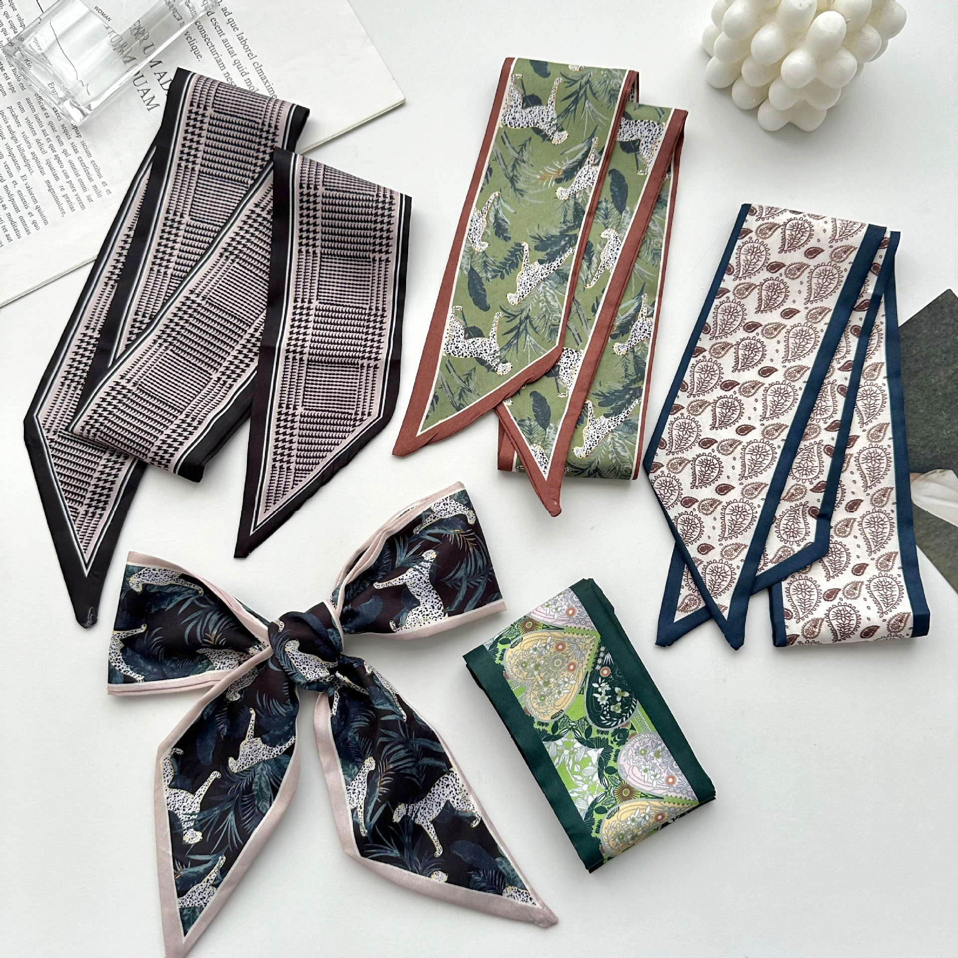 Correa de cabello femenina temperamento coreano retro bufandas de anacaju largo trenzado decoración de cabello correa de pañuelo bufandas de seda multifacé tocado