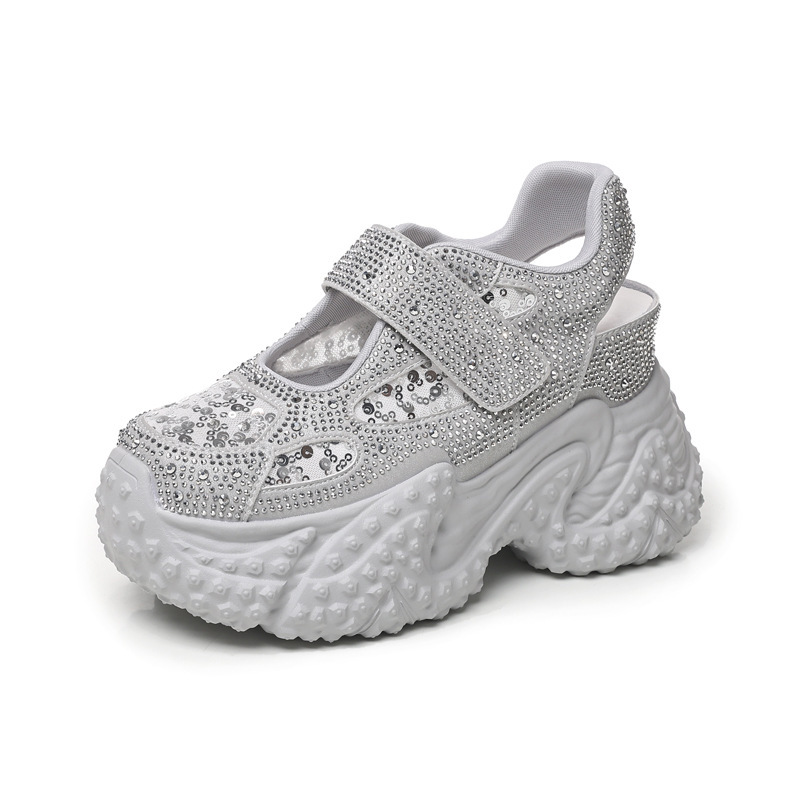 Sandal nữ đế dày đính đá phong cách La Mã, gót cao 8 cm — bạc