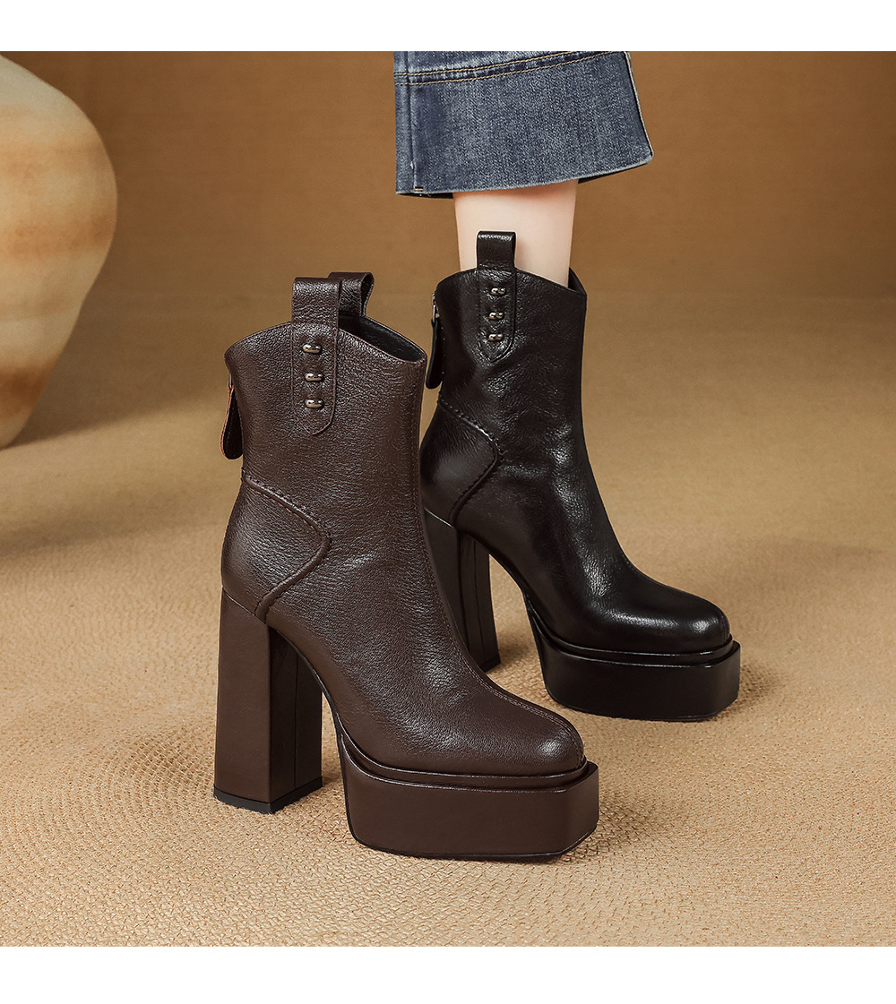 Boot nữ cổ thấp mũi vuông gót vuông cao 9 cm, đế platform, lót nhung ấm mùa thu đông — Lớp lót nhung đen chi tiết 13