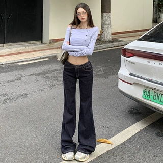 不规则设计感不贴腿低腰微喇牛仔裤女秋冬新款宽松阔腿显瘦喇叭裤