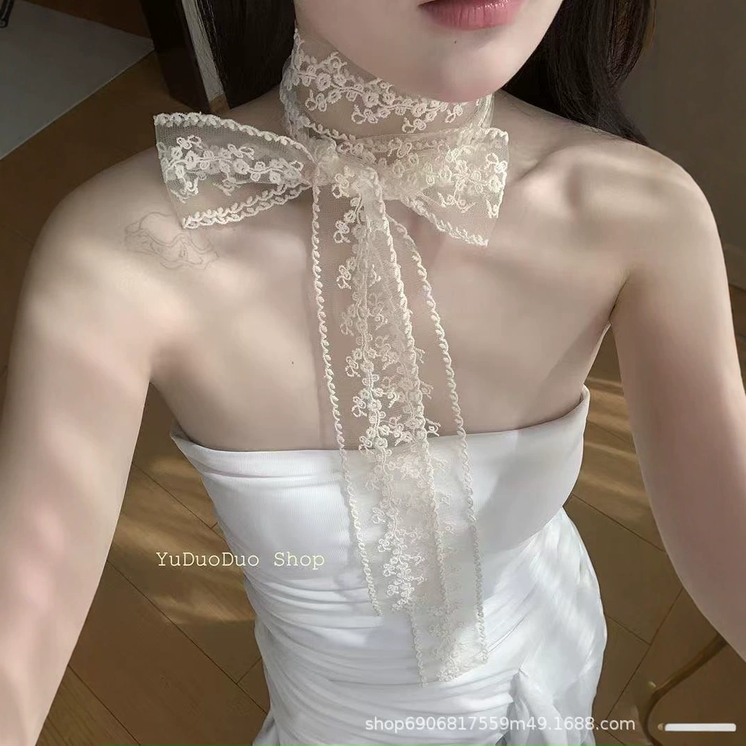 Корейский винтажный кружевной длинный шелковый шарф женский индивидуальность дикий декоративный ремень