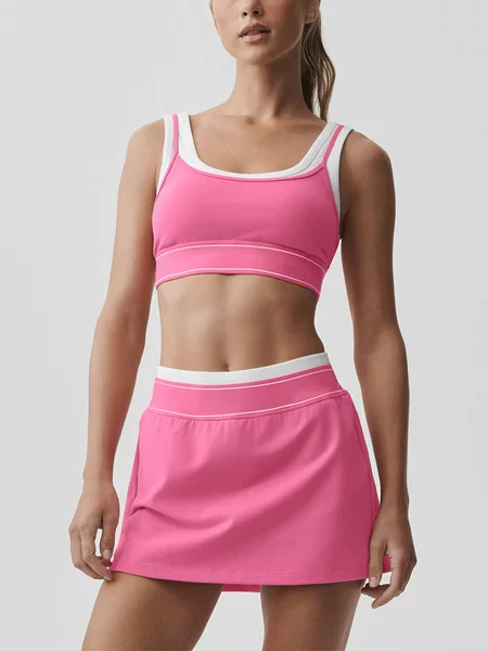 Cross-Border New Fake Two-Piece Contrasting White Striped Sling Running Sports Bra Bra Tennis Skirt Yoga Suit
