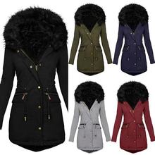 跨境欧码棉服亚马逊爆款女装欧美秋冬加厚毛领连帽长款保暖棉衣女