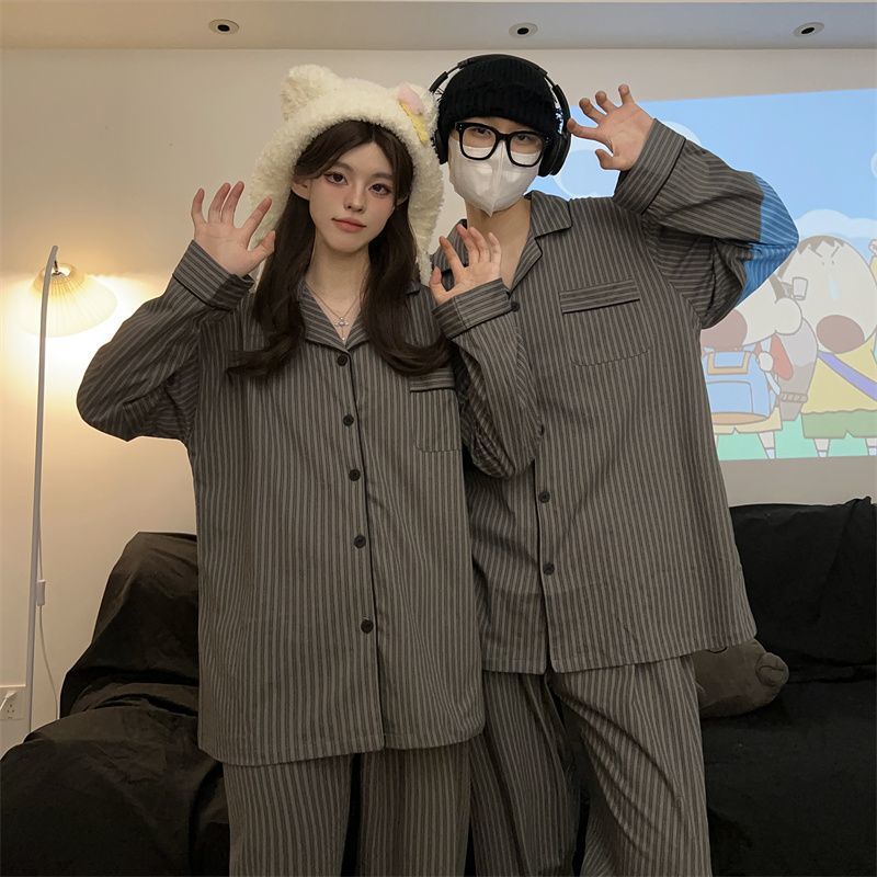 Korean High-End Stripesd Pajamas for Men and Women, Spring & Fall Long-Sleeved Pants Two-Piece Set, Simple Home Wear Couple Set