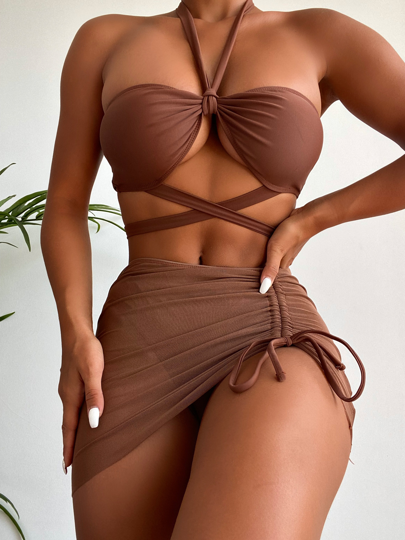 hanging neck lace-up drawstring solid color bikini three-piece set NSCMB117115