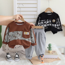 男童秋装套装2024新款宝宝拼色满印动物卫衣宝宝两件套一件代发